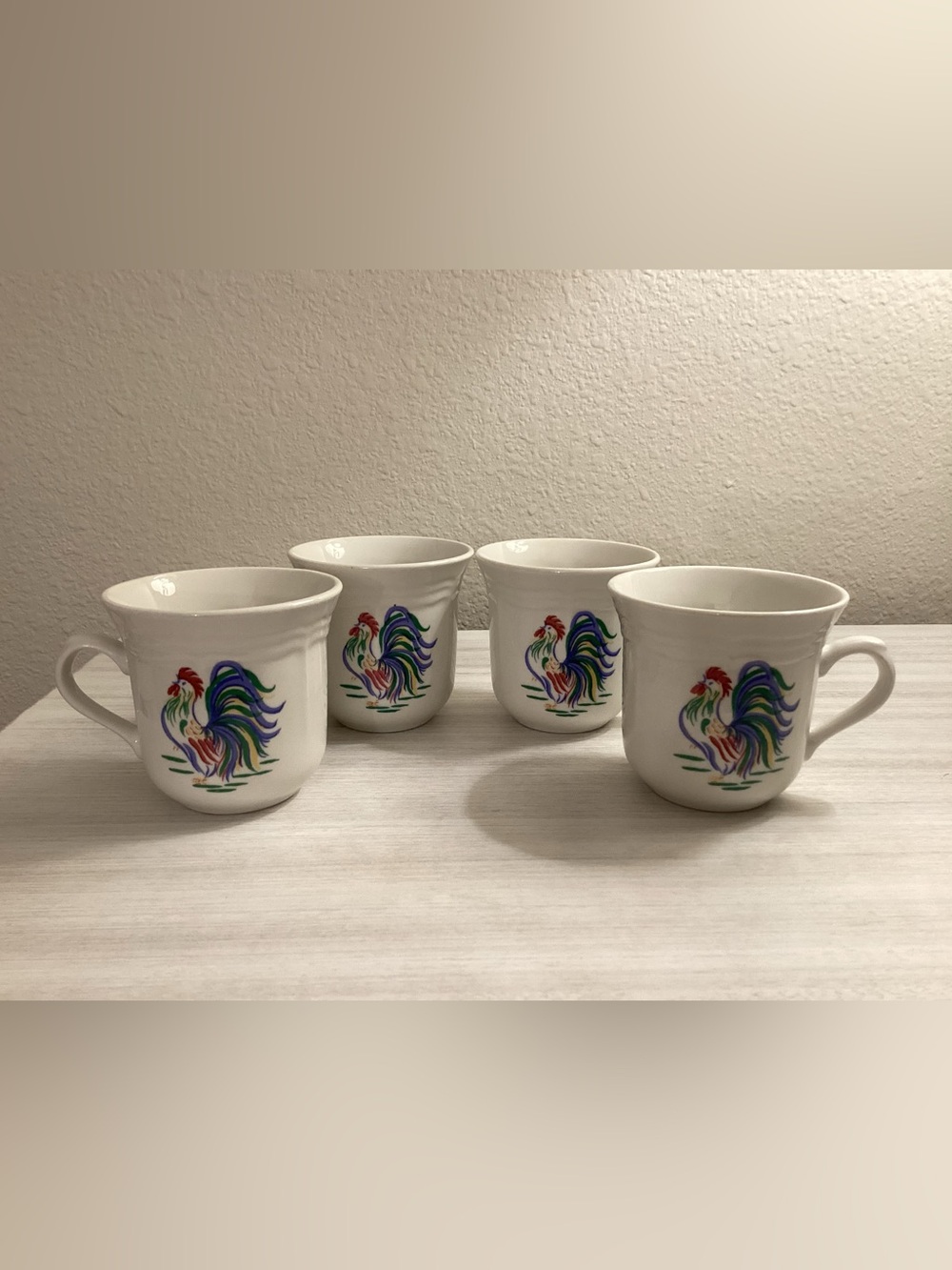 Vintage Century Set Of 4 “ Sunrise Rooster” Graphic Stoneware  Coffee Cups - IEC